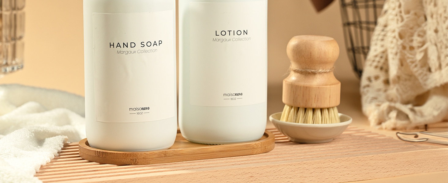 Набір дозаторів для мила та рідкого миючого засобу MaisoNovo | Скляні дозатори для ванної кімнати | 500 мл, білий колір, бамбукова помпа, 2 шт.