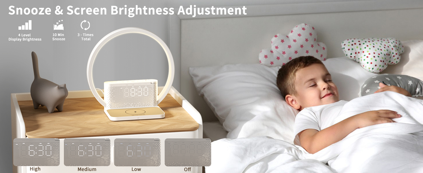 Нічна лампа RETEYUNG з бездротовою зарядкою 10W, 2 будильники, денний світловий будильник, 10 заспокійливих звуків, сенсорне регулювання яскравості (3 рівні), стиль арт-деко