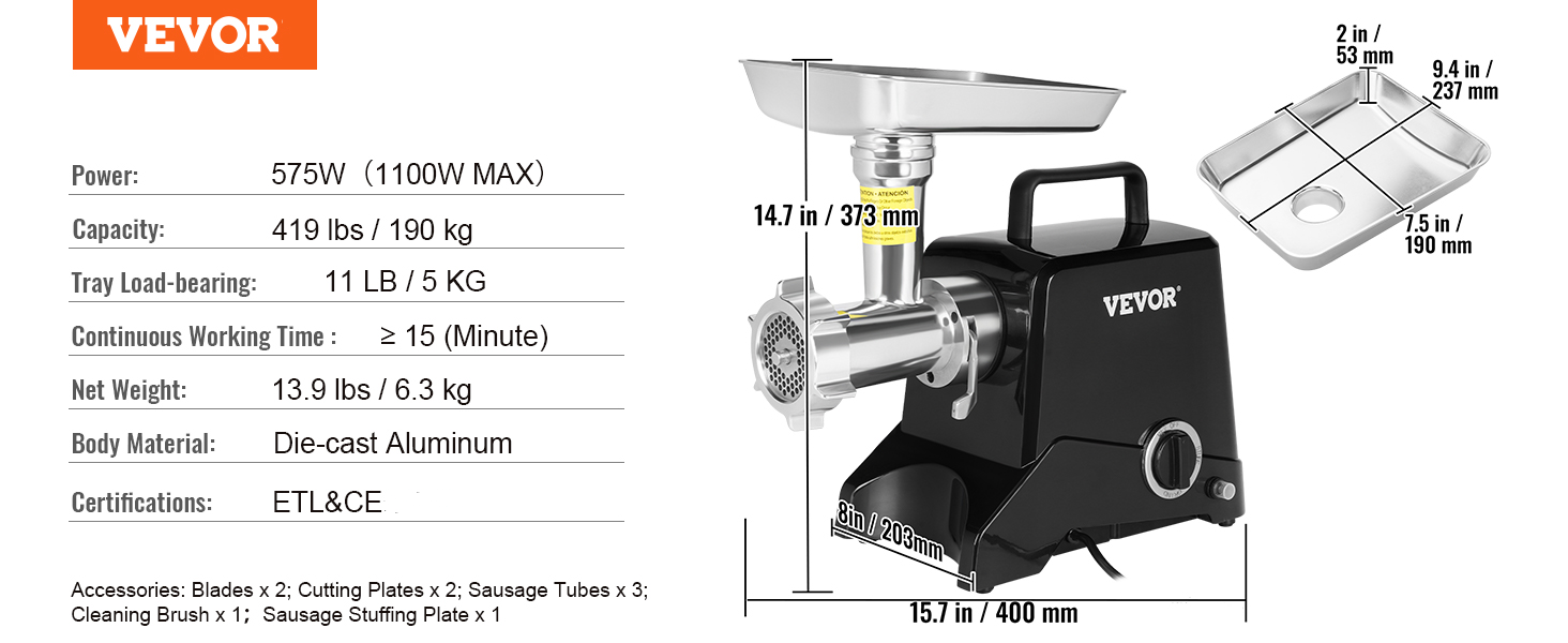 VEVOR 1100W Electric Meat Grinder - Stainless Steel, 250kg/hr - Commercial Meat Processing Machine for Restaurant, Butcher Shop, Supermarket