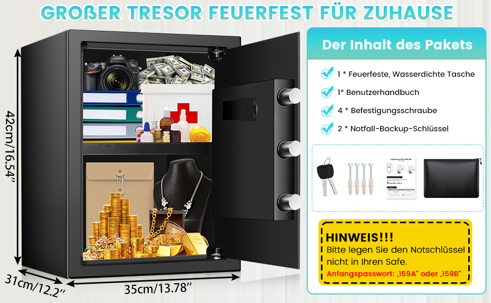 Великий сейф 50л для дому: вогнестійкий, водонепроникний, з ключем та кодовим замком. Сейф для ювелірних виробів, документів, грошей. Вбудована сигналізація, настінний сейф.