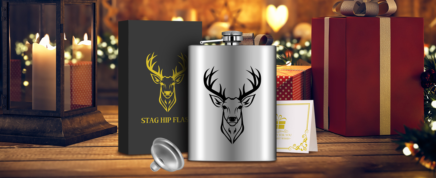 Фляга туристична 237мл з нержавіючої сталі, з воронкою та листівкою, чорна, з візерунком голови оленя, для кемпінгу, піших прогулянок та активного відпочинку