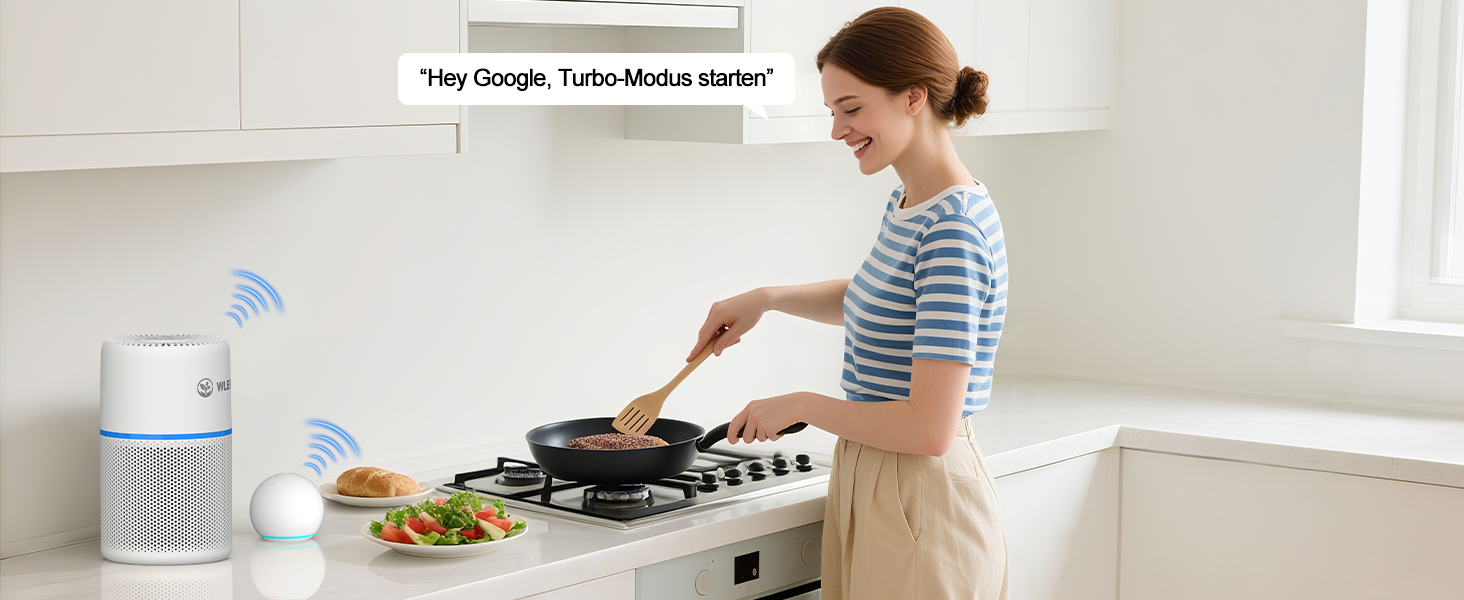 Розумний очищувач повітря з Wi-Fi, керуванням через додаток та голосовими помічниками Alexa/Google, 360° повітряний потік, фільтр HEPA H13 (99,97%), тихий нічний режим (20 dB), CADR 90 м³/год, кольорове підсвічування для спальні, модель KJ1-3S APP