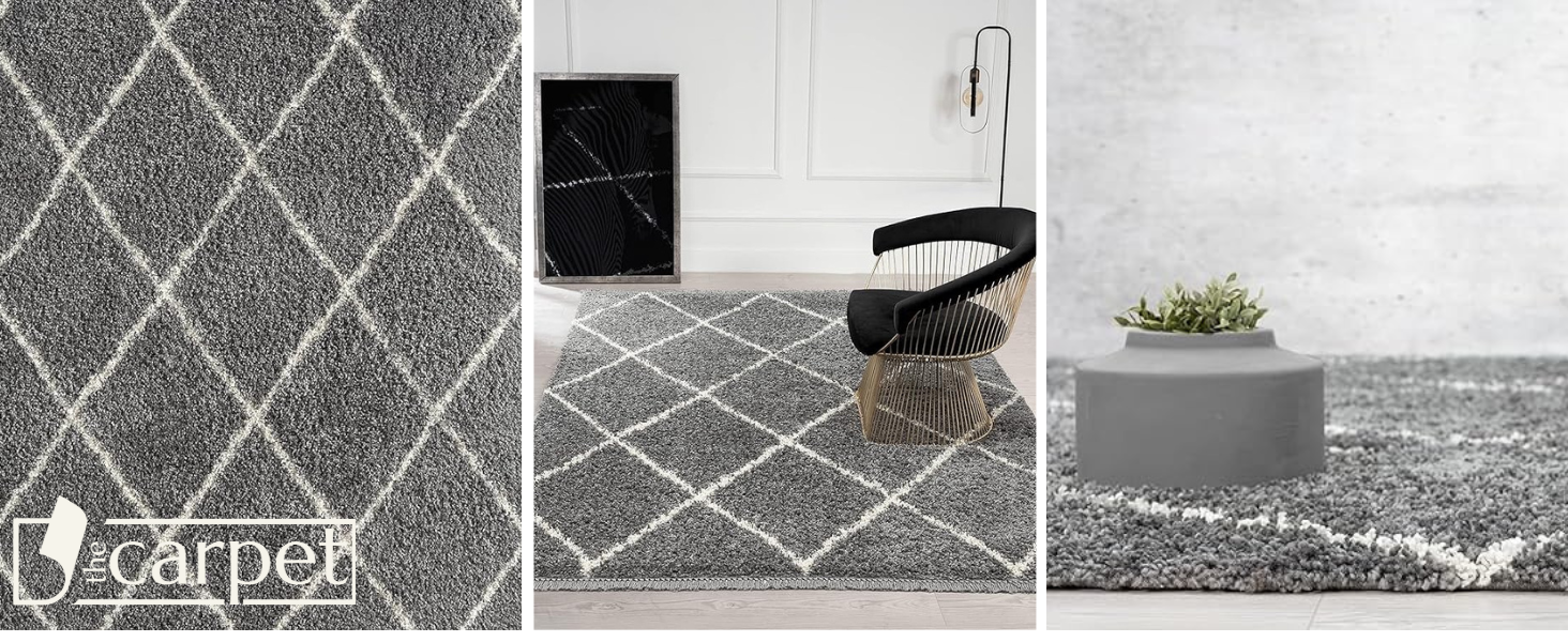 Килим Bahar Shaggy: дизайнерський килим для вітальні, м'який та легкий у догляді, високий ворс, кремовий ромбічний візерунок, 120 x 170 см