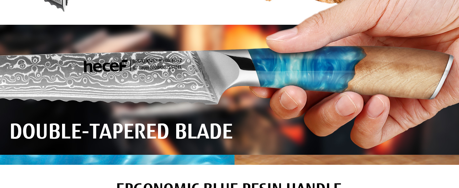 Японський ніж з дамаської сталі Hecef, 20 см, професійний кухонний ніж з ергономічною ручкою з смоли, 67 шарів, з захистом для ножа, подарунок для шеф-кухаря та любителів кулінарії