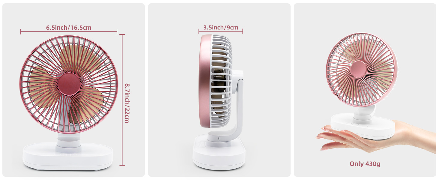 Портативний USB вентилятор на акумуляторі 4000mAh, 4 швидкості, осциляція, тихий, 16.5 см, рожеве золото