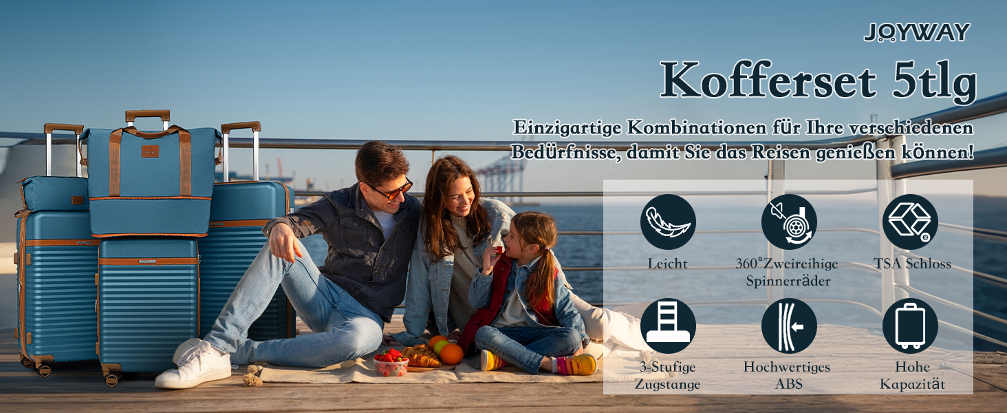 Набір валіз Joyway 5шт з ABS, розширюваний, з TSA-замком, 4 колеса, включає: валіза, сумка, кульчатий мішечок, колір: морська хвиля