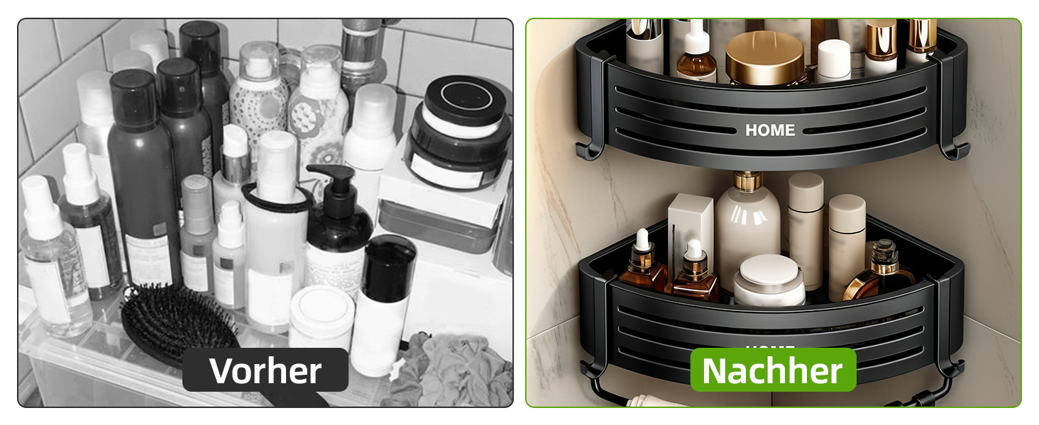 Дзеркальна поличка для душу Carehabi без свердління, 2 шт. з 8 гачками, чорна. Органайзер для ванної кімнати, кухні