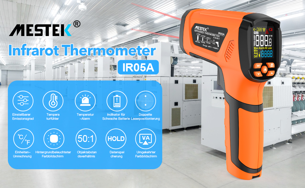 Інфрачервоний термометр MESTEK для вимірювання температури -40°C до 1600°C з K-зондом, лазерний, LCD, з сигналізацією, для кухні, промисловості, HVAC