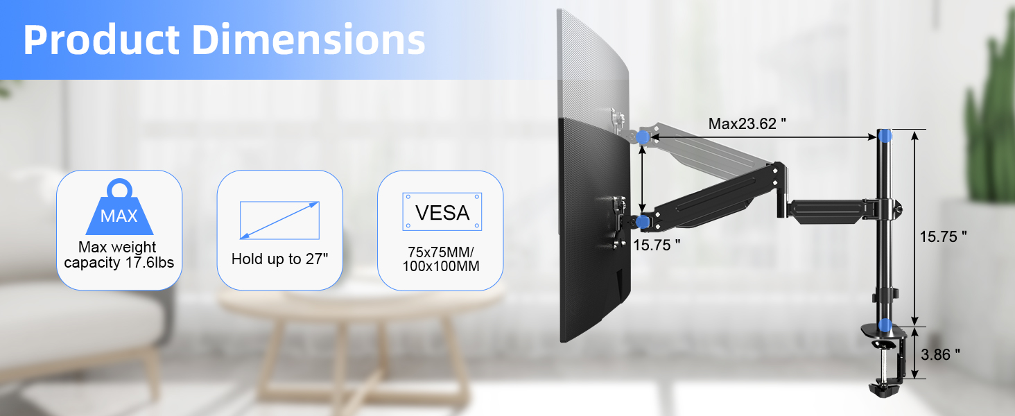 Кріплення для монітора Pholiten 13-32 дюймів: газ, 360° оберт, нахил, VESA 75/100
