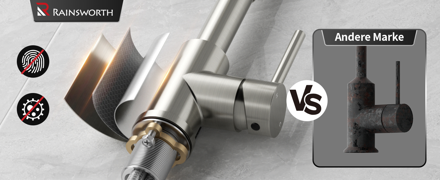 Кухонний змішувач Rainsworth з нержавіючої сталі з двома режимами струменя та висувною лійкою, 360° обертання, висота 45 см