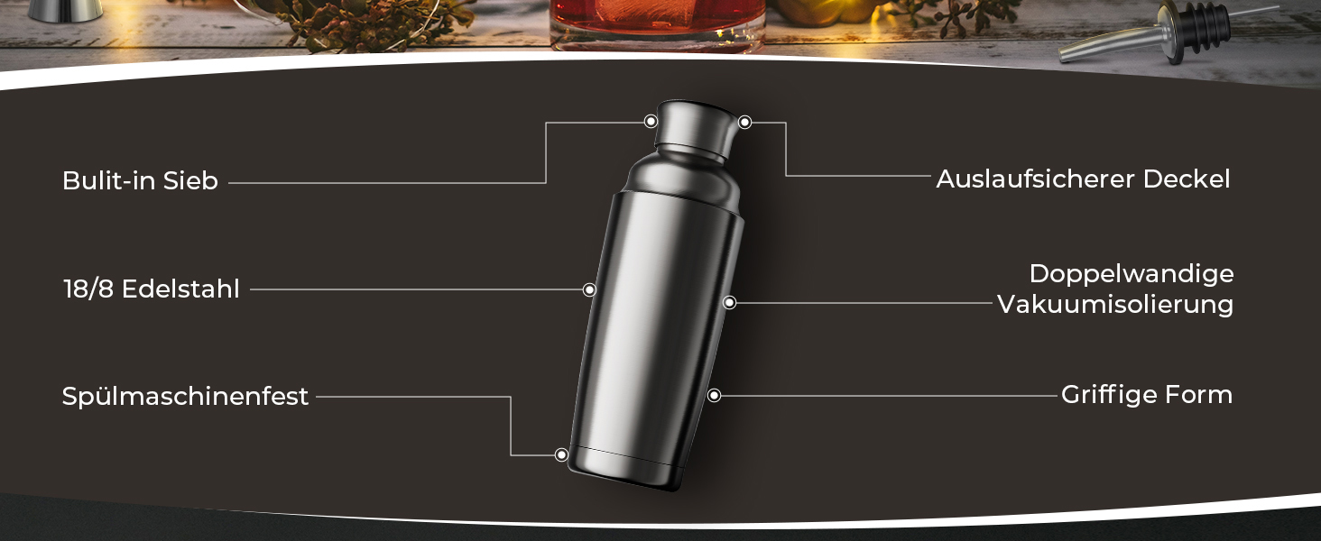 Набір шейкерів для коктейлів YARRAMATE 700 мл, 8 предметів з нержавіючої сталі, з вбудованим ситом, для дому та барів