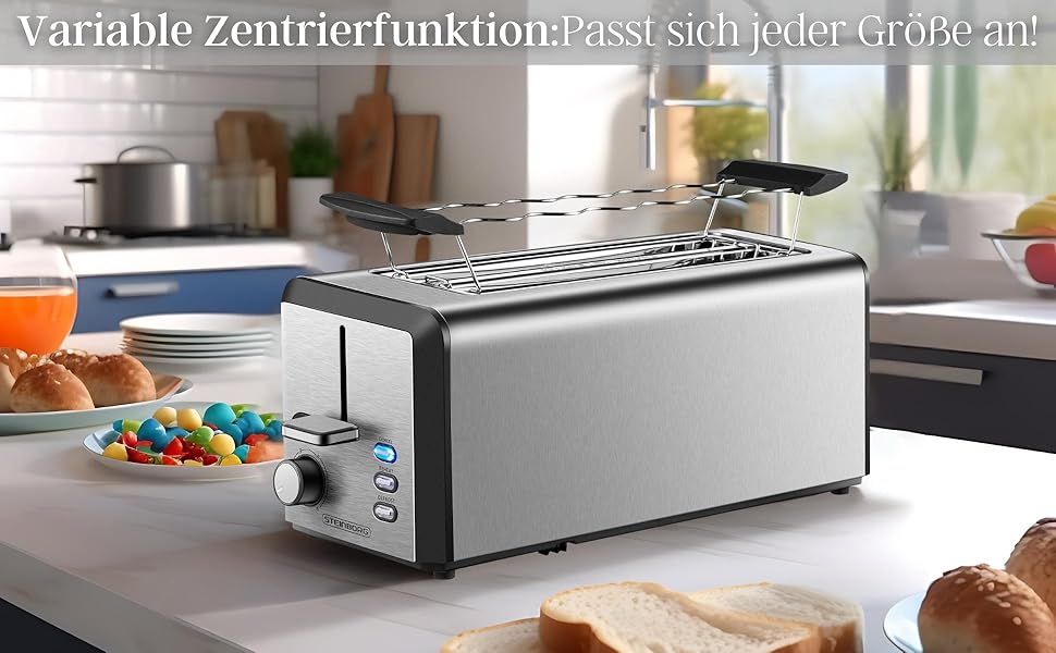 Тостер Langschlitz з 4-ма слотами | XXL, 1500 Вт, регулятор 6-ти рівнів підсмажування, підставка для бургерів, функція розморожування, крихтозбірник, нержавіюча сталь, LED дисплей