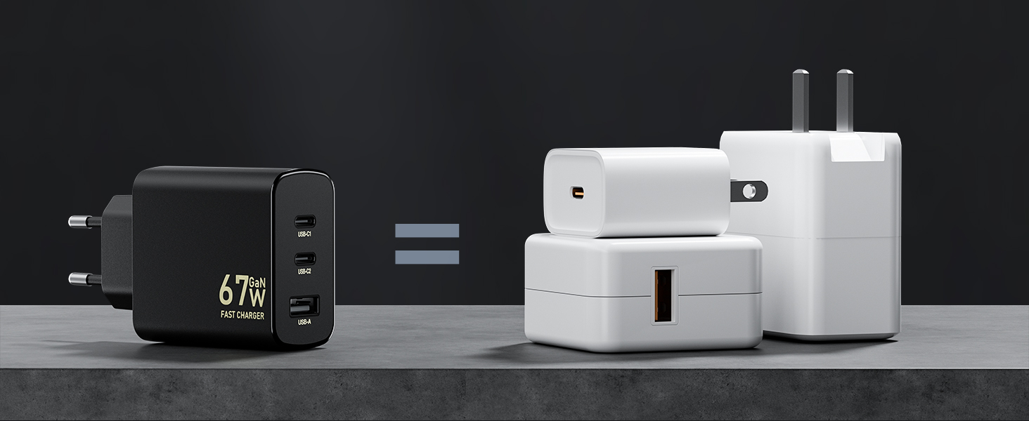 Зарядний пристрій USB-C 67W 3-Port PD PPS для MacBook, iPhone, Samsung Galaxy, iPad, Pixel - Чорний