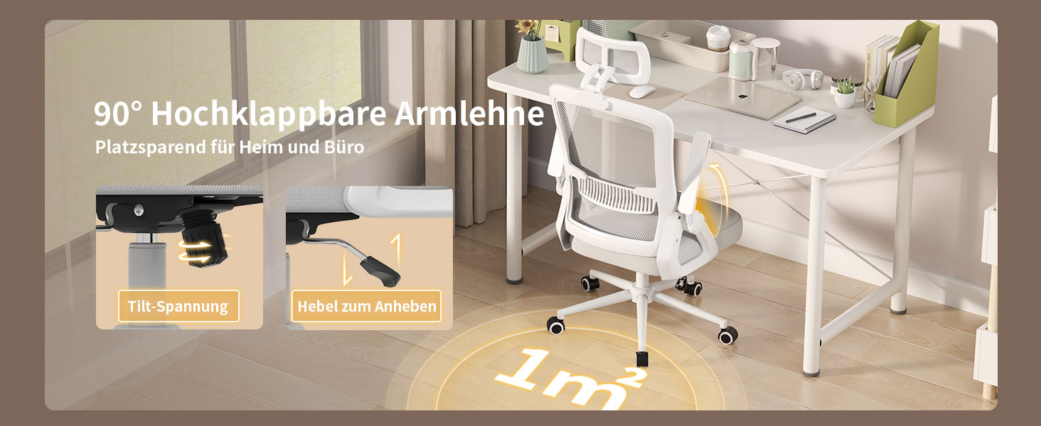 Офісний крісло Naspiro Ergonomic, регульована висота, поворотне, з дихаючою спинкою з сітки, відкидні підлокітники на 90°, підтримка попереку, щільна піна, для дому/офісу (Сірий-1, з підголовником)