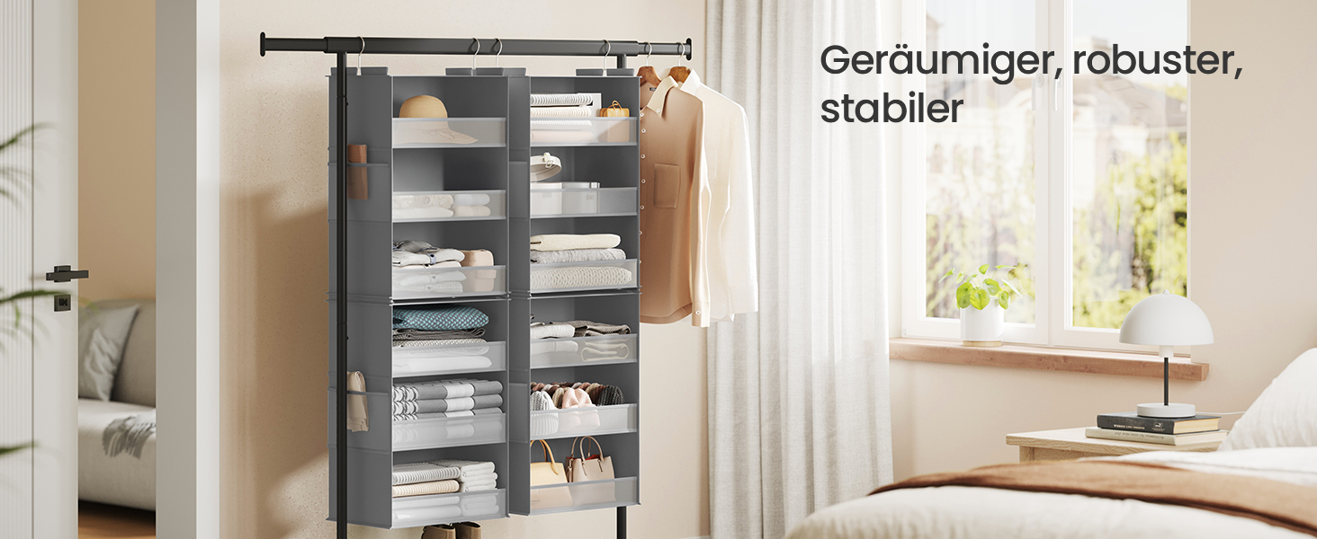 Органайзер для шафи SONGMICS: роздільник, полиця-вішалка, розкладний, економія місця, металеві гачки, бамбукові вставки, білий, сірий