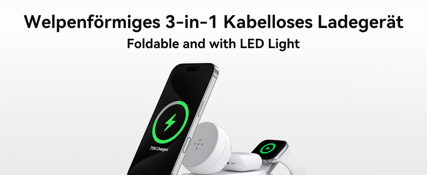 Зарядна станція 3-в-1 для Apple Watch, iPhone 15/14/13/12/11, AirPods Pro/2/3 з MagSafe та нічником (біла)