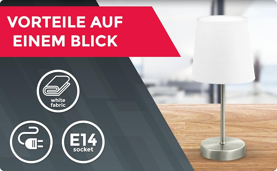 Вінтажна настільна лампа B.K.Licht з абажуром з тканини, з вимикачем на шнурі, 33x20 см, білий колір