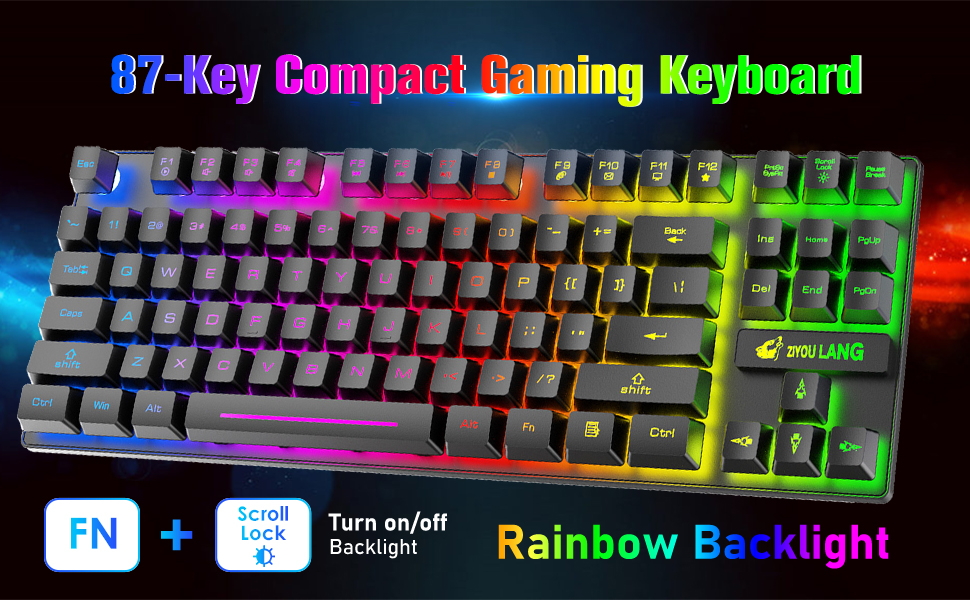 Механічна ігрова комбо клавіатура та миша з підсвічуванням Rainbow: клавіатура 87 клавіш, миша 2400DPI з 6 кнопками, та килимок для миші (чорний)