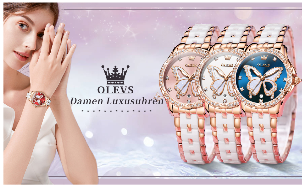 Годинник жіночий OLEVS з діамантами, елегантний, рожеве золото, керамічне скло, блакитний циферблат