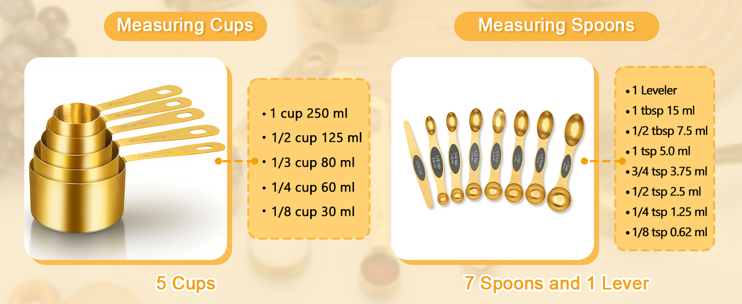 Набір мірних стаканів та ложок Cuteefun Gold, 13 предметів: 5 стаканів, 8 магнітних ложок, нержавіюча сталь для вимірювання сухих та рідких інгредієнтів для випічки та приготування їжі