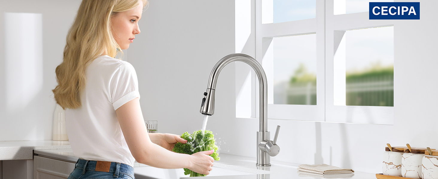 Кран кухонний CECIPA з 3 режимами, висувна лійка, поворотний на 360°, з високим виливом, нержавіюча сталь, з однією ручкою