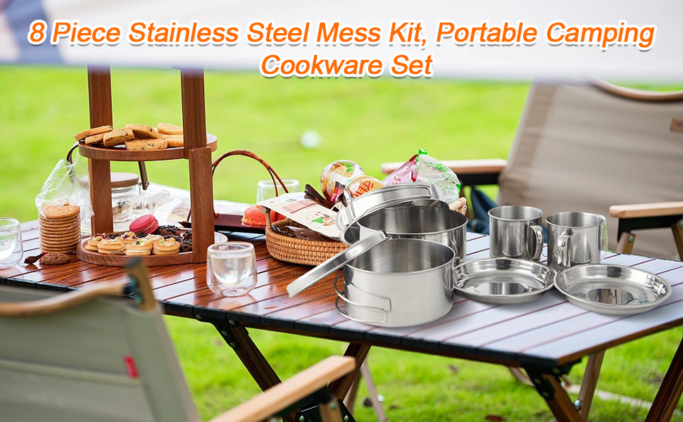 Набір кухонного посуду для кемпінгу, 8 предметів: каструля та сковорода з нержавіючої сталі, тарілки та чашки для відпочинку на природі, походів та рюкзакових подорожей. Легкий набір для приготування їжі в рюкзаку