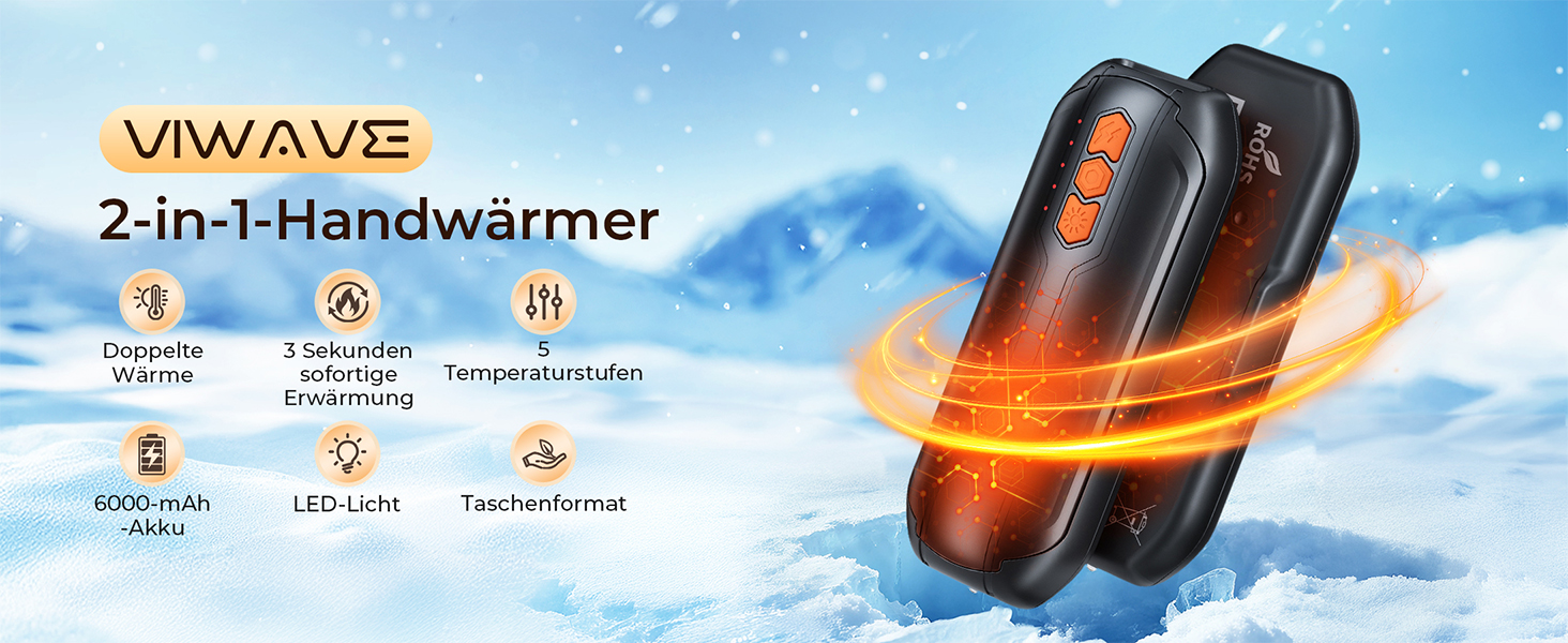 Електричні грілки для рук VIWAVE (2 шт) з LED, USB-зарядка, 5 температурних режимів, для кемпінгу, подарунок для жінок та чоловіків