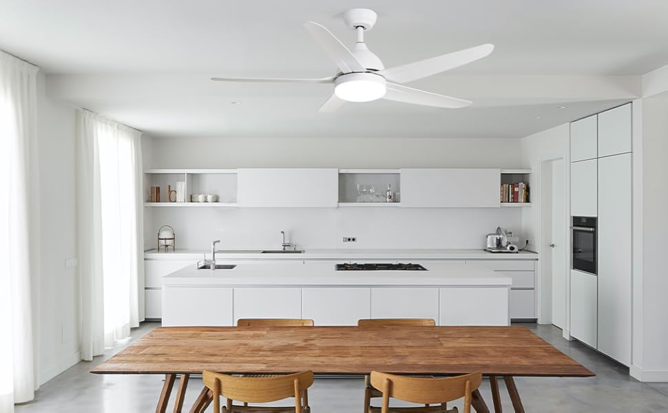 Стеляний вентилятор FINXIN з LED-лампою 132/122 см для спальні, вітальні, їдальні. Включає мотор, пульт керування (5 лопатей, білий)