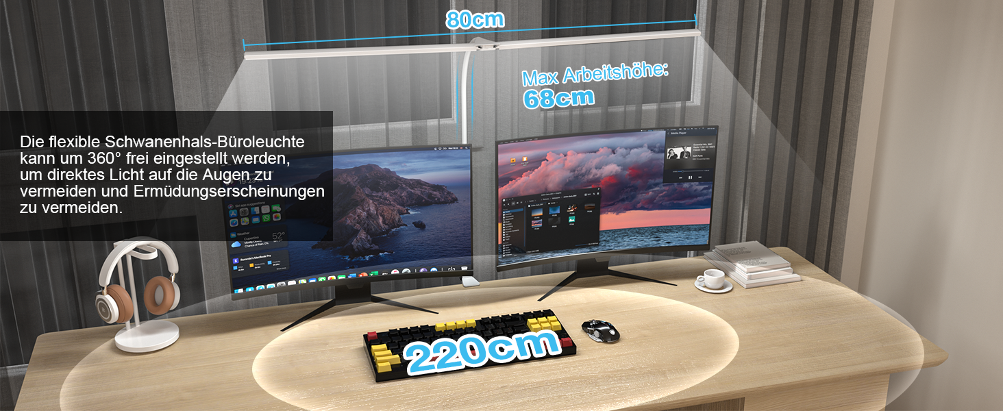 LED лампа настільна для офісу та дому, світло для монітора, 1400 люмен, регульована яскравість, кріплення-прищіпка, світло для робочого столу, гнусий «лебединий шия», подвійний насадка, 5 режимів кольору та рівнів яскравості, білий колір, 80 см