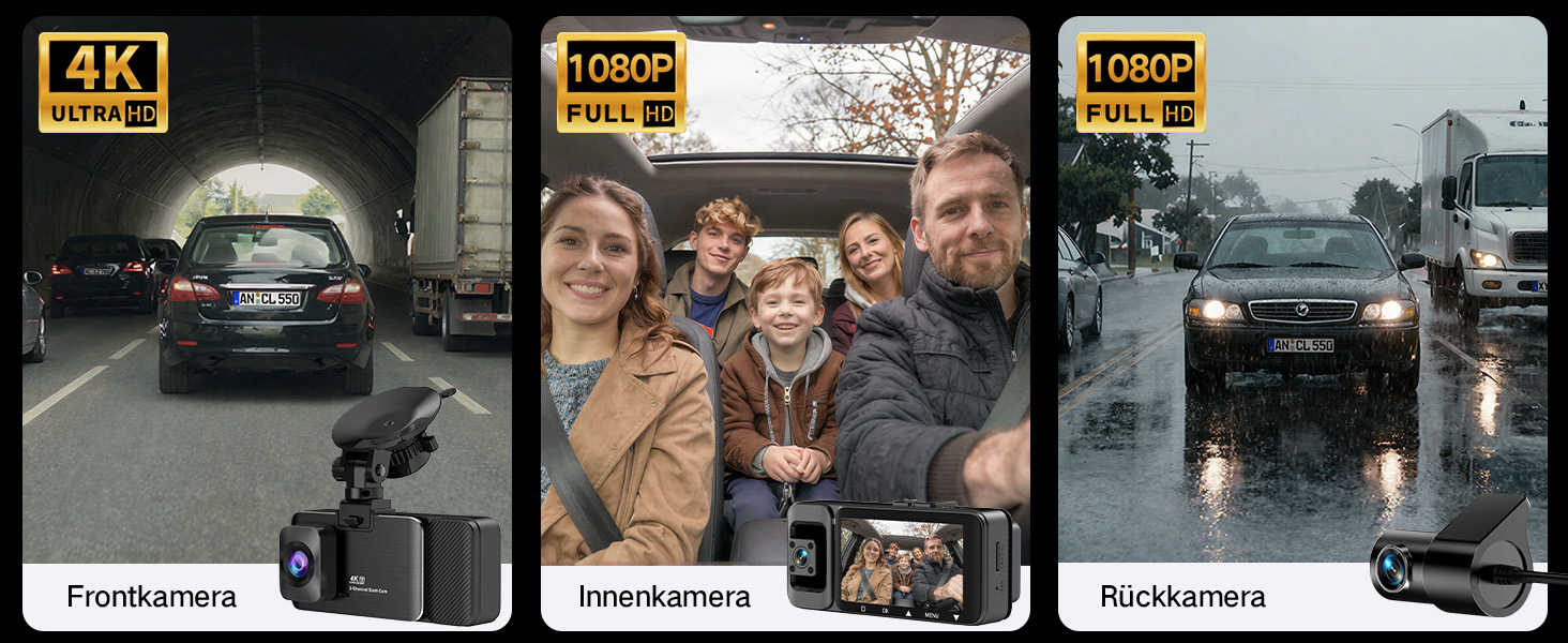 3-канальний автомобільний відеореєстратор 4K (передній, задній, салонний), 170° широкий кут, нічна зйомка, паркування 24/7, G-сенсор, WiFi 5.8 ГГц, SD-карта 64ГБ, чорний