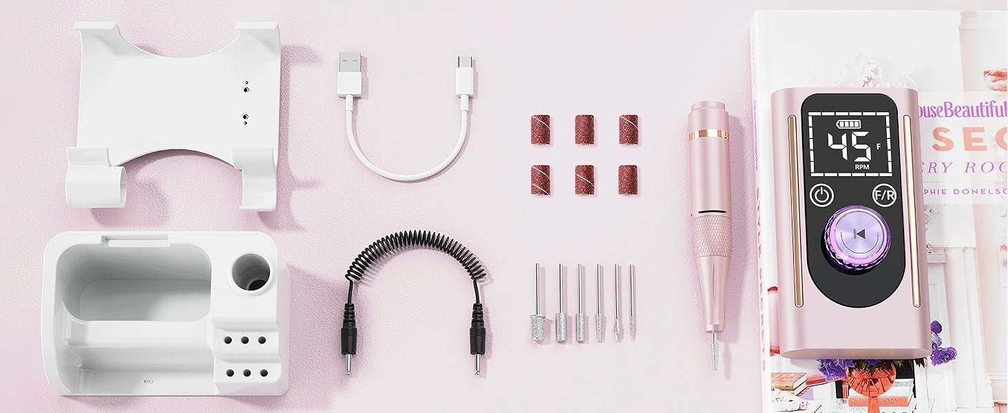 Професійна електрична фрезер для нігтів 45000 RPM, портативна, для манікюру та педикюру, рожева