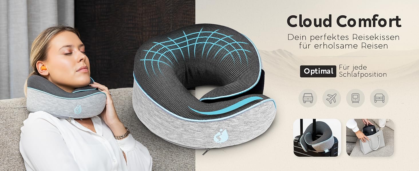 Подушка для шиї TRAVARA - Memory Foam - для подорожей літаком та автомобілем. Сіра подушка-воротник для комфортних тривалих поїздок.