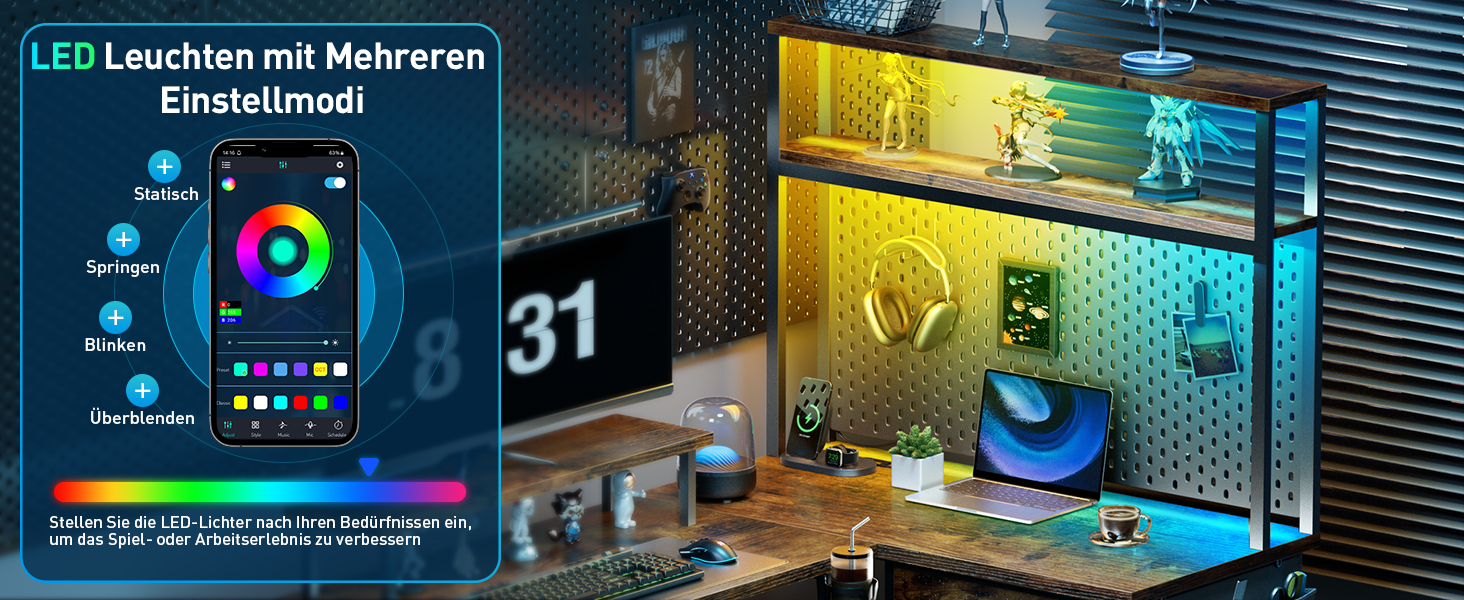 Ігровий стіл кутовий 150x100 см з 3 розетками та 2 USB, зворотний, з LED підсвіткою, з ящиками та підставкою для монітора. Колір: коричневий.