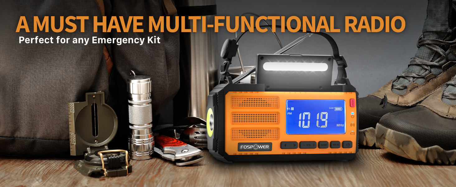 Радіо FosPower для надзвичайних ситуацій NOAA/AM/FM з акумулятором 10000mAh - зарядка USB/Solar/ручка, батарейне живлення, SOS-сигнал та ліхтарик для надзвичайних ситуацій в приміщенні та на вулиці, оранжевий