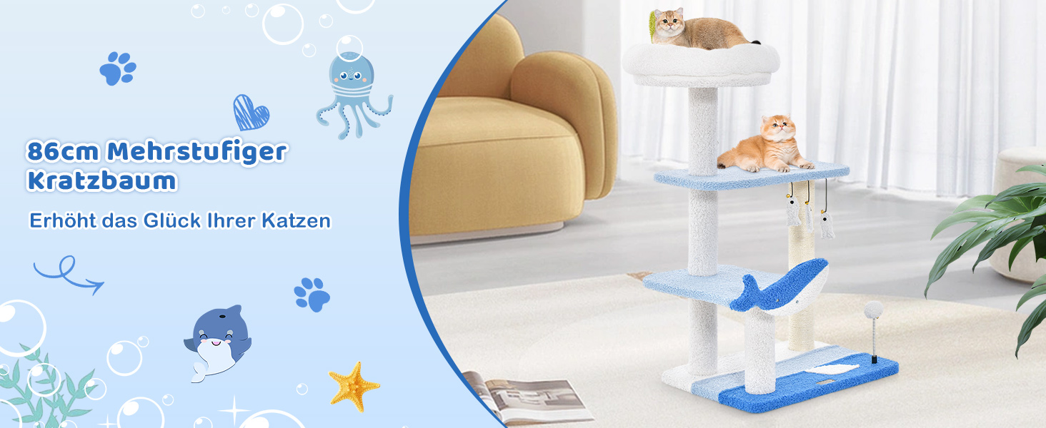 Кігтеточка для котів COSTWAY Ocean-серія з будиночком, гамаком та іграшками, блакитна (59x49x165 см)