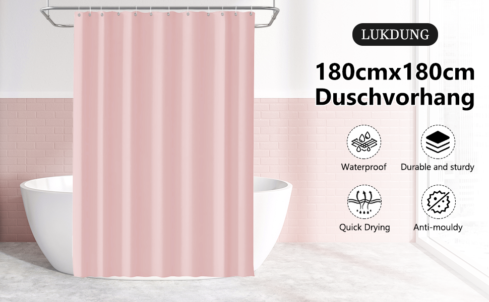 Штора для душу 180x180 см, водонепроникна, антигрибкова, для ванни/душу, з кільцями, рожева