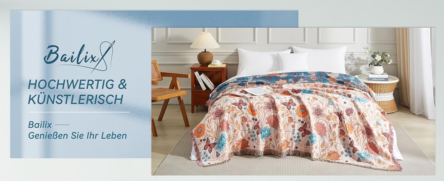 Богемна ковдра Boho з 100% бавовни, м'яка двостороння муслінова ковдра 150x200 см, плед для дивану та ліжка, декоративна patchwork ковдра, літня ковдра для вітальні, зелено-бежева (200 x 230 см, Blumentanz)