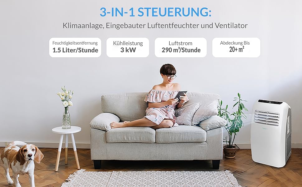 Мобільний кондиціонер SereneLife 9000 BTU з виносним шлангом – 3 в 1: кондиціонер, вентилятор, осушувач повітря. Підходить для приміщень до 42 м², білий.