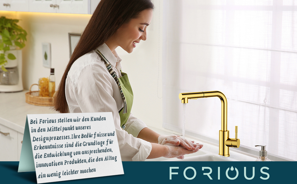 Змішувач для кухні FORIOUS з висувною лійкою та душем, 360° обертання, 2 режими, матовий золотий