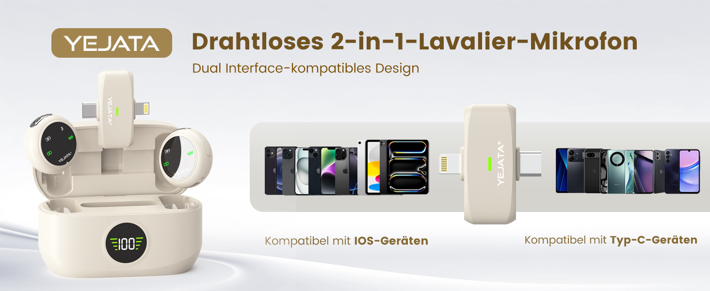 Мікрофон 2-в-1 для iPhone та Android з шумозаглушенням, кейс на 40 годин, магнітна застібка та кріплення для інтерв'ю, 25 метрів (Бежевий)