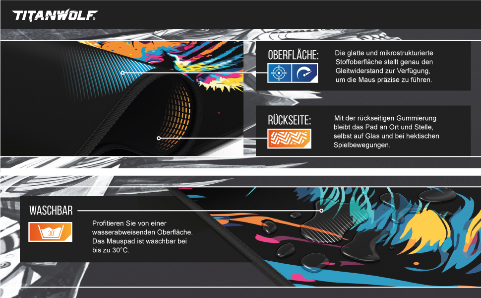 Ігровий килимок для миші CSL XXL Gaming Mousepad (900x400 мм), Alchemy Colour Tiger 2 — великий килимок на весь стіл для Razer, Logitech, Roccat
