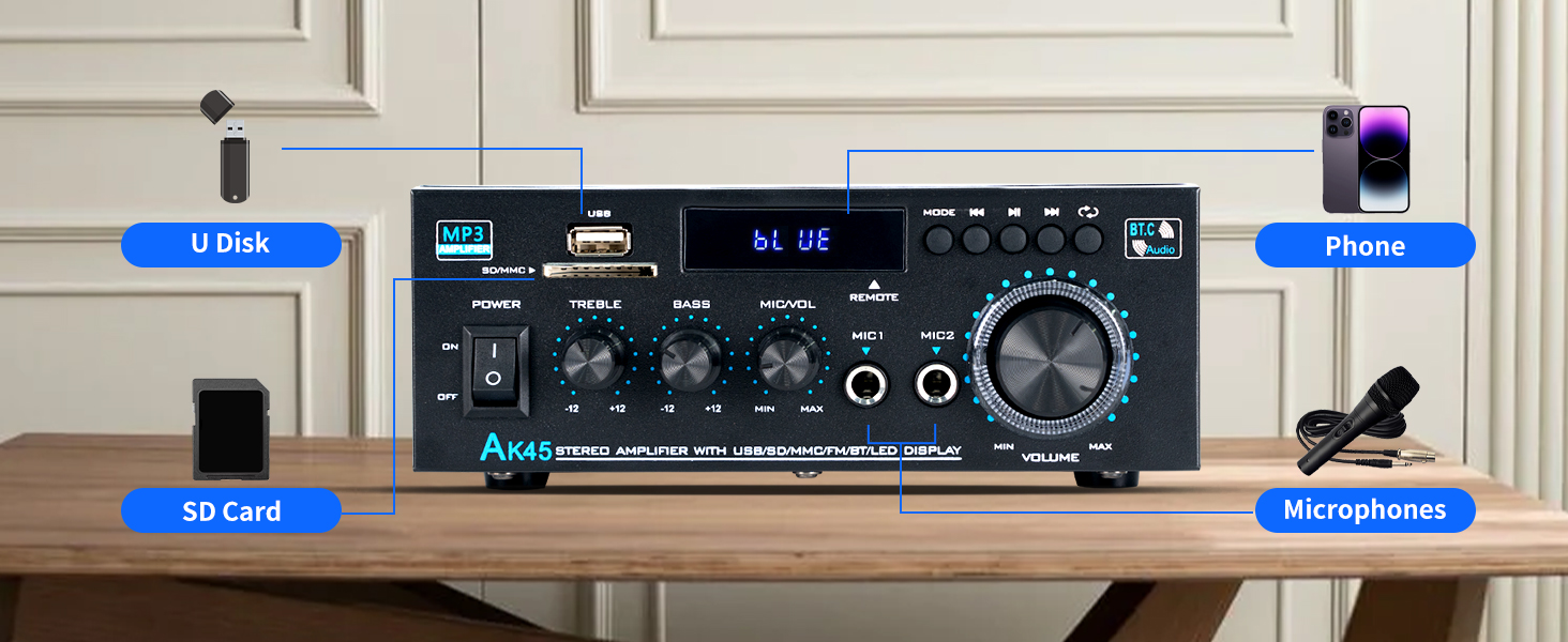 NEOHIPO HiFi-усилювач AK45 Mini, Bluetooth стерео аудіоусилювач 400Вт, 2-канальний, цифровий, з FM-радіо, SD/USB, для дому або авто, чорний
