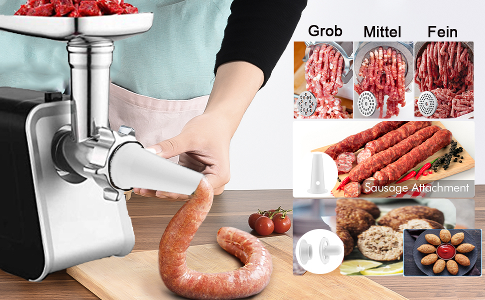 М'ясорубка електрична COOCHEER багатофункціональна 2000 Вт з насадками для ковбас, кеббе, овочів та тіста (Чорна)
