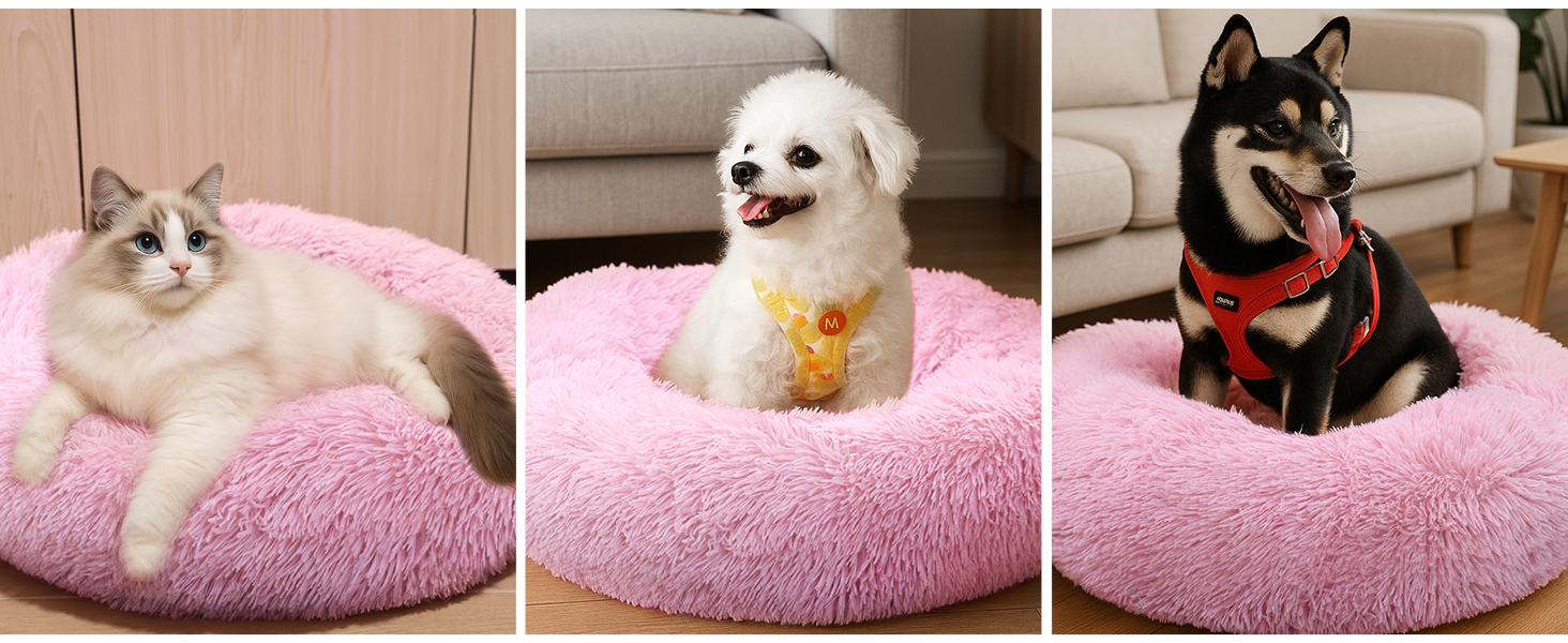 М'яке ліжко для котів та собак DONWEI, кругле, плюшеве, 50/70 см, рожеве