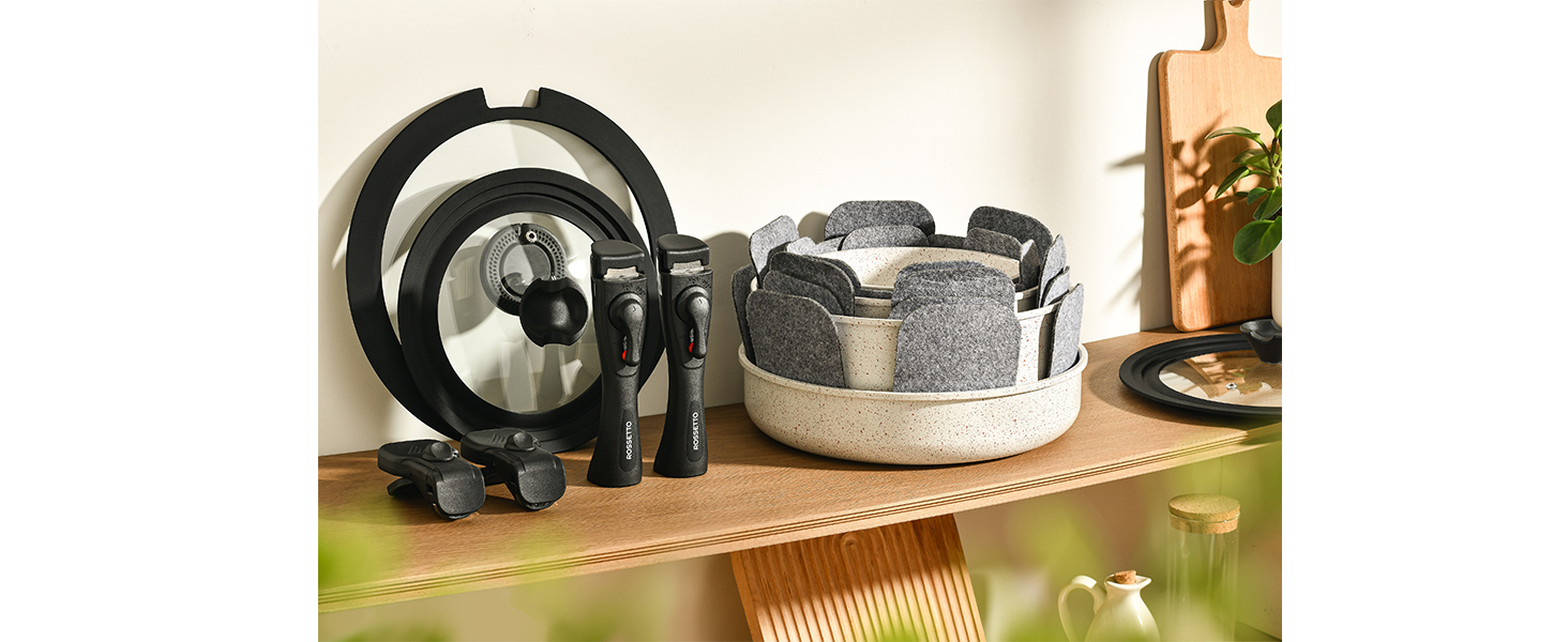 Набір посуду ROSSETTO 23 предмета з знімними ручками та керамічним антипригарним покриттям, складається для зберігання. Включає: каструлі, сковорідки, сотейники, казани. Без PFOA та PFOS.