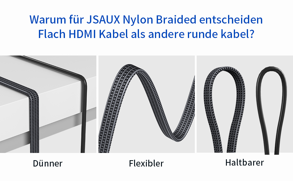 Кабель HDMI JSAUX 4K 3 метри (4K@60Hz, HDMI 2.0, 18Gbps) - Плоский, нейлонова обплітання, High Speed, сірий. Підтримка HDR, UHD 2160p, 1080p, 3D, Ethernet, ARC для PS3/4, TV, PC