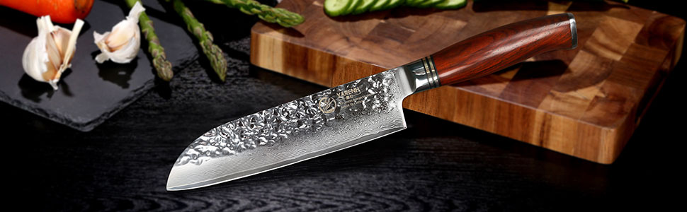 Кухонний ніж Santoku YARENH 18 см з дамаської сталі 73 шари, гострий, дерев'яна ручка, серія HTT