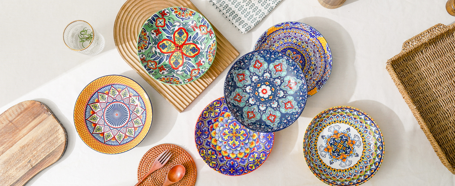 HENXFEN Набір супових тарілок з порцеляни, 700мл, 6 шт. Яскраві тарілки для супу, пасти, салату, фруктів - Богемний стиль