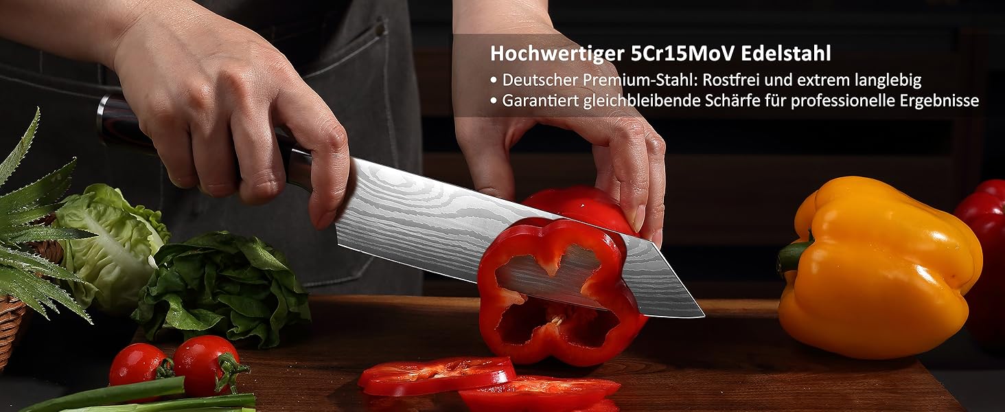 Японський ніж Santoku від Paudin, 20 см, Kiritsuke, з високоякісної сталі, ергономічна ручка, для м'яса, риби та овочів