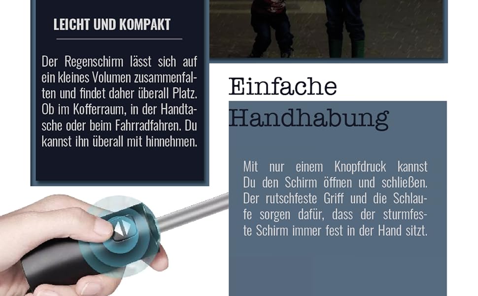 Стійка до вітру парасолька – надміцна з 12 спицями. Зручне складання без крапель – компактний, для жінок та чоловіків. Автоматичне відкриття – світловідбиваючі елементи на краю.
